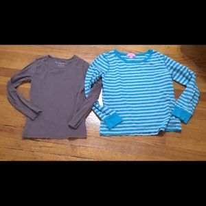 One blue long sleeve shirt and one brown shirt